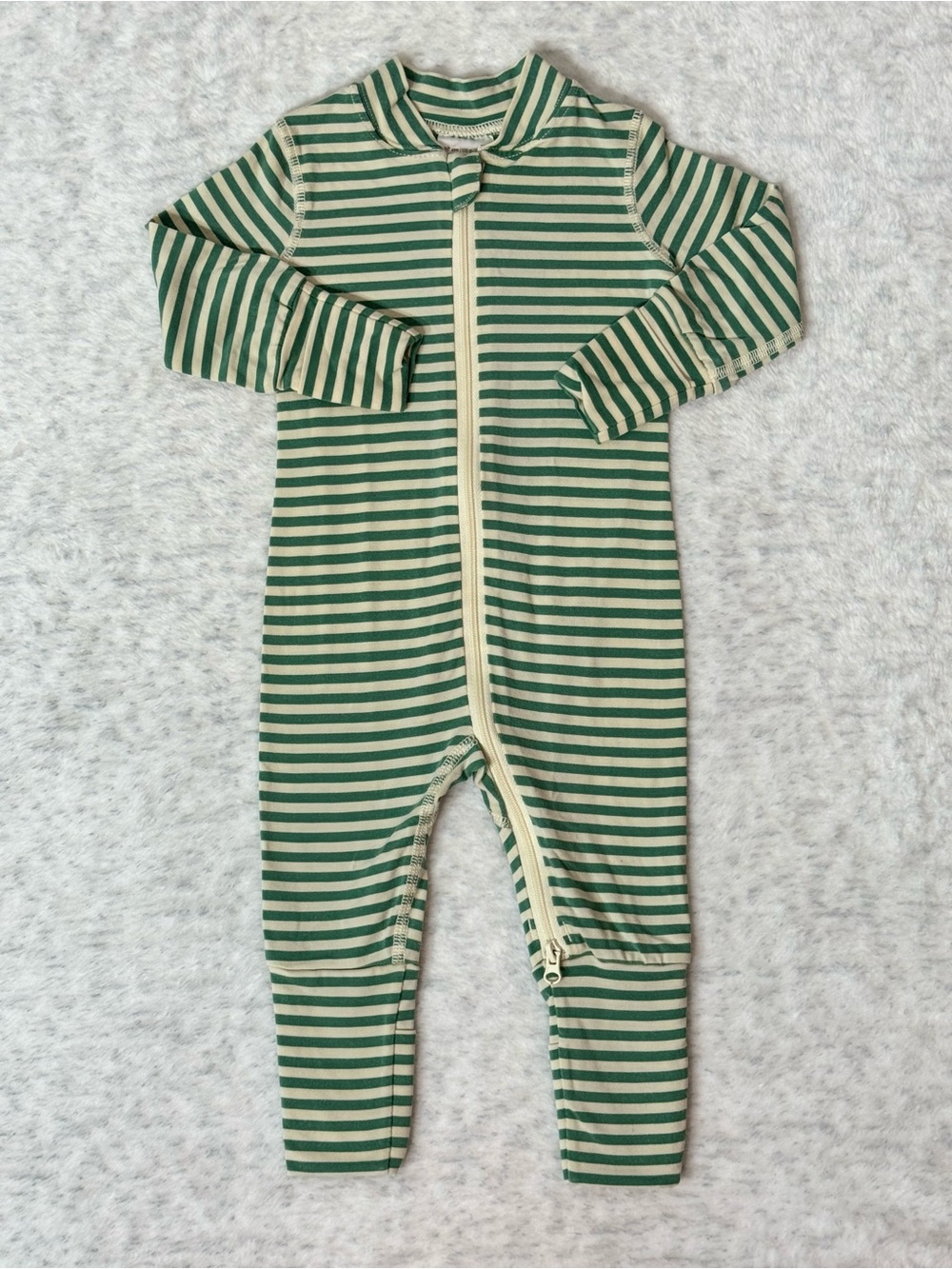 Hanna Andersson Sage Ecru Stripe Zip Sleeper 0-3M Baby TENCEL Convertible - Picture 1 of 4